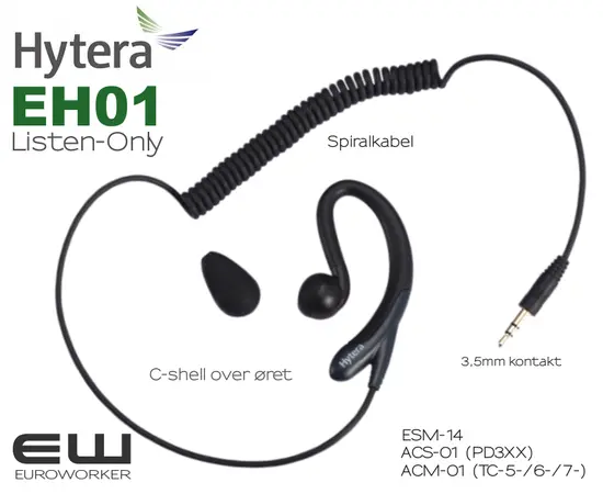 Hytera ACN01 PTT Headset med Inline MIC for 3,5mm Listen Only Earpiece (HP705, HP785)